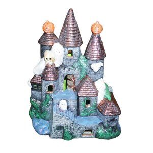 Halloween Haunted House Skull Ghost Pumpkin Hand Painted Ceramic Light Up Green